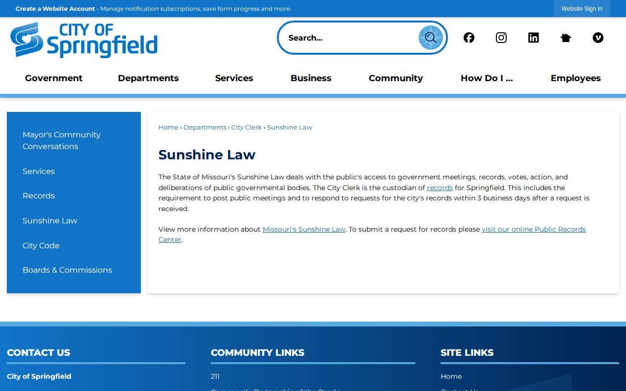 Springfield Missouri Sunshine Law records request page