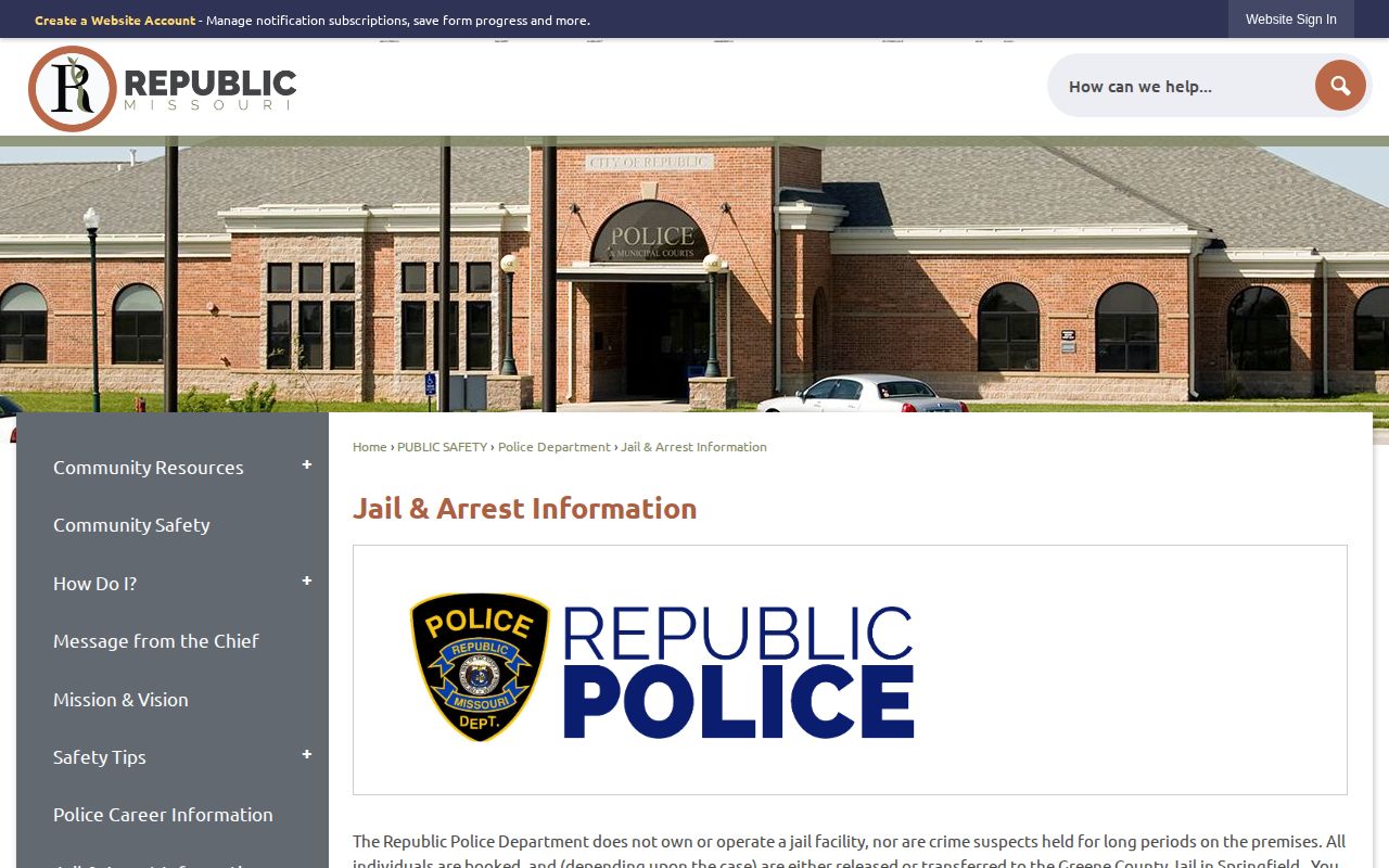 Republic Missouri Jail and Arrest Information page